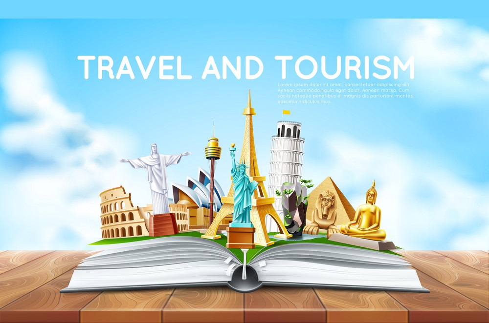 Travelling and tourism poster design. Vector Famous world landmarks in open book. Pyramids, sphinx, eiffel tower, Libery statue, Rio Christ Redeemer, Rome Coliseum, Thailan Buddha on wooden background